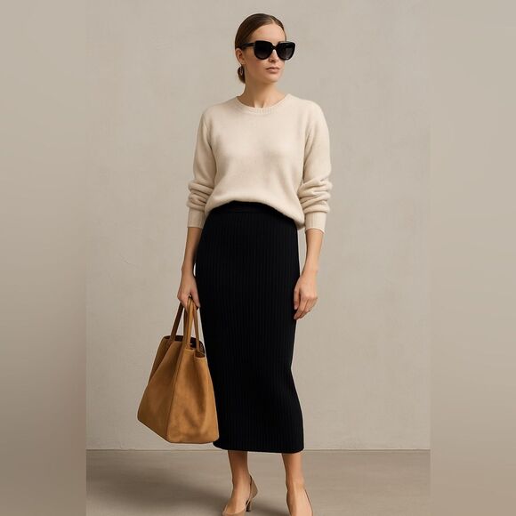 Vintage Steve Fabrikant Wool Ribbed Midi Skirt Black NWT 90s Minimalist USA Med. - Picture 2 of 10